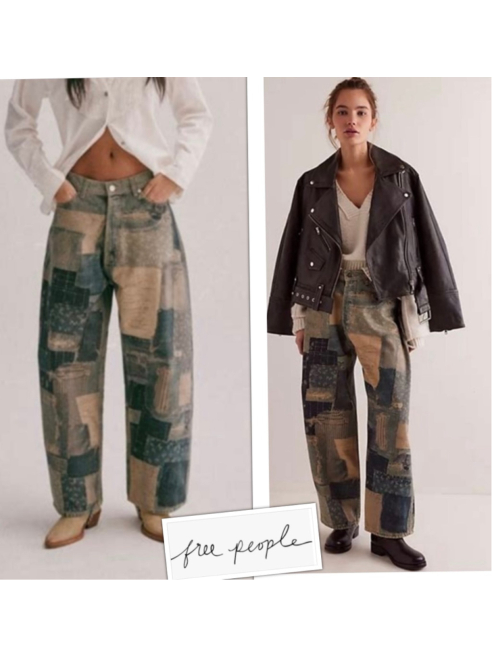 NEW We The Free Illusions Boho Streetwear Patchwork Barrel Leg Jeans size 33 NWT